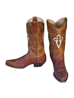 Ferrini Cowboy Boots Womens 7.5 B Brown Leather Western White Cross Design